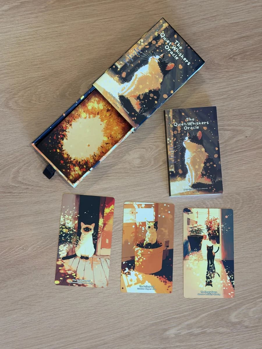 The open Quiet Whiskers box holding the deck, with the guidebook and three cards beside it