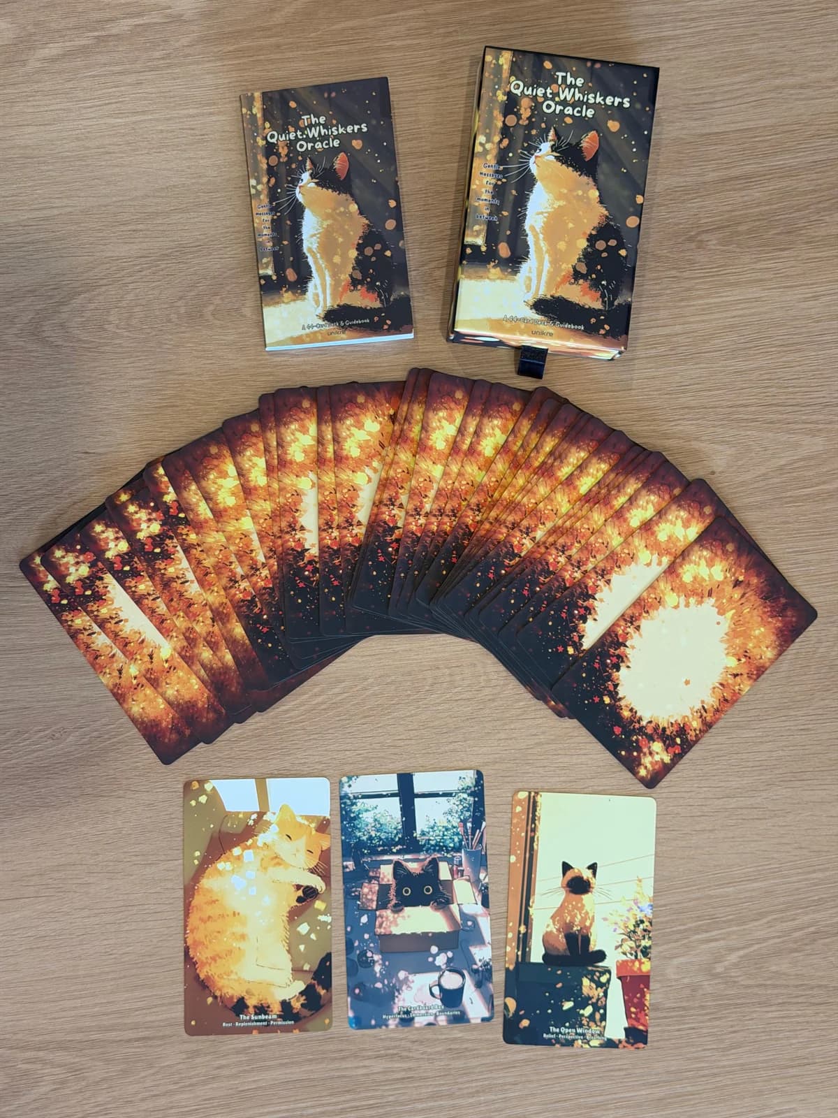 The Quiet Whiskers Oracle cards fanned out beside three illustrated cards, the guidebook and box on a wooden table