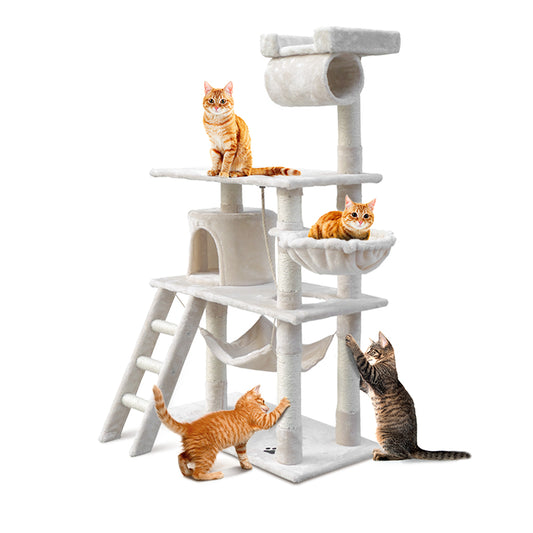 i.Pet Cat Tree 141cm Tower Scratching Post Scratcher Condo Wood House Bed Beige