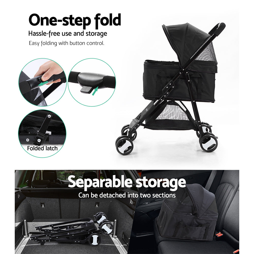 i.Pet Pet Stroller Dog Pram Cat Carrier Travel Large Pushchair Foldable 4 Wheels Black