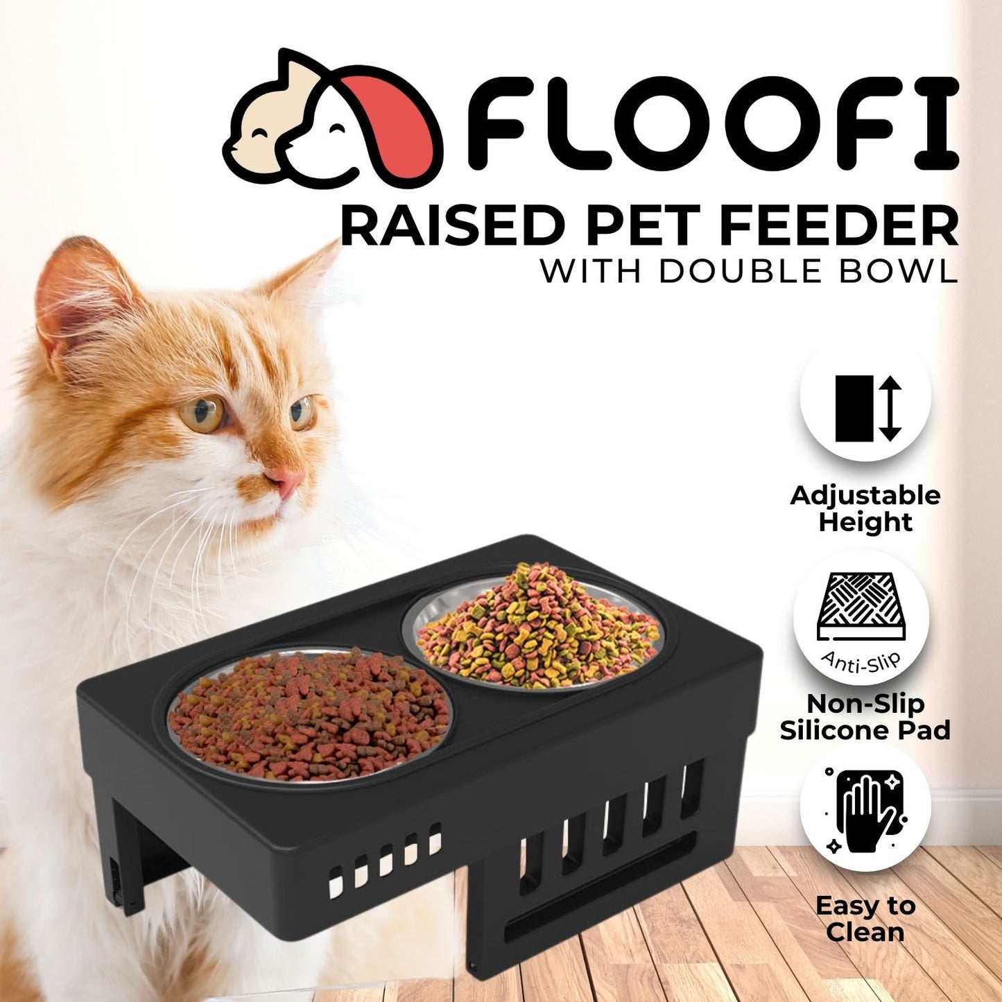 Elevated Raised Pet Feeder with Double Pet Bowl (Black)