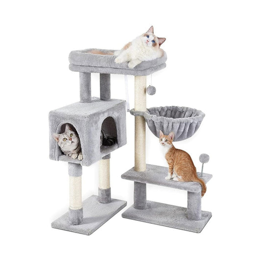 97cm Adjustable Base Plush Cat Tree Cat Scratching Post Cat Bed Cat Condo Light Grey