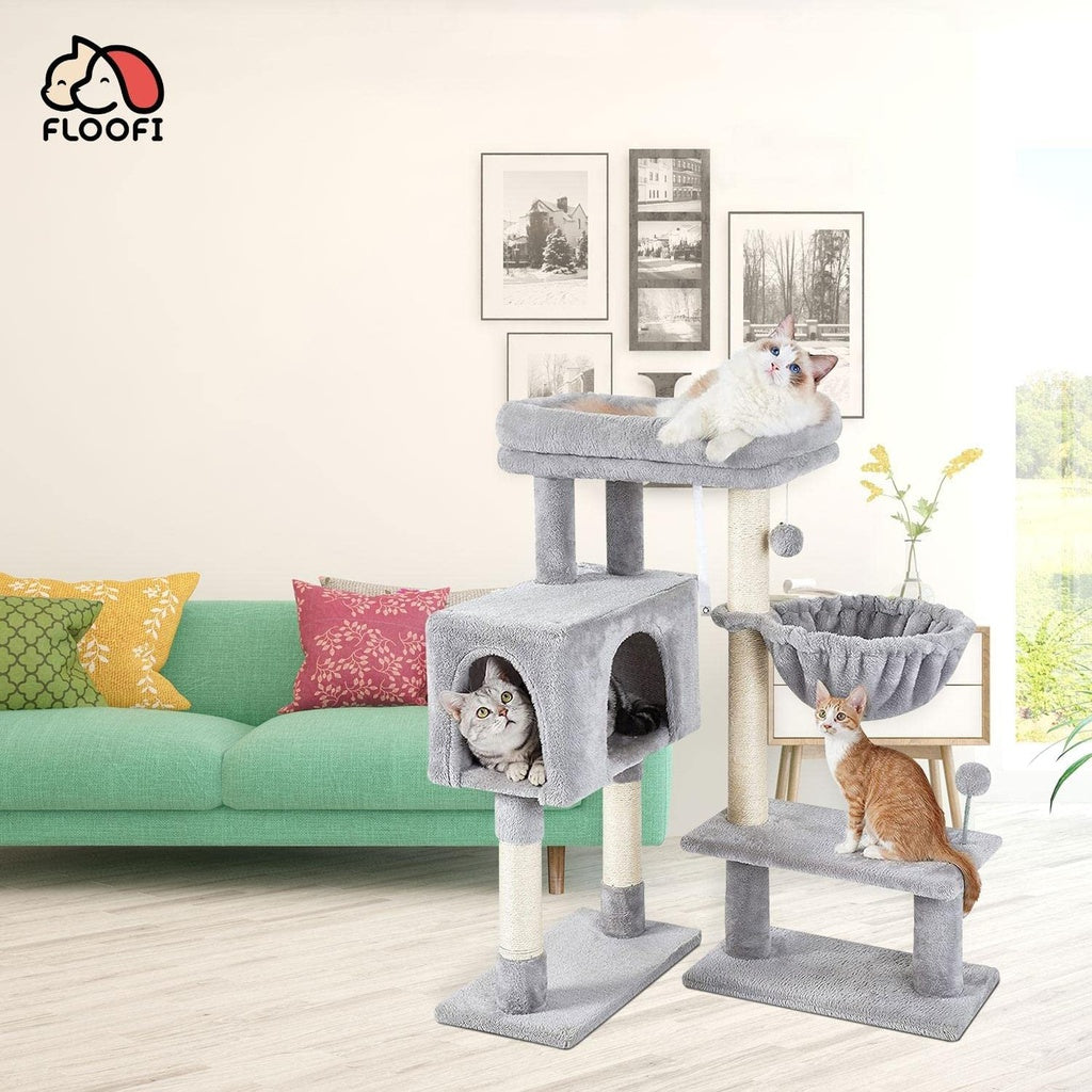 97cm Adjustable Base Plush Cat Tree Cat Scratching Post Cat Bed Cat Condo Light Grey