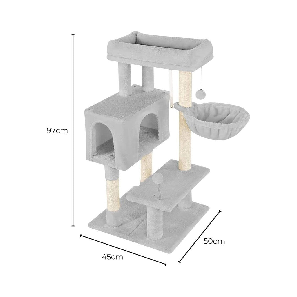 97cm Adjustable Base Plush Cat Tree Cat Scratching Post Cat Bed Cat Condo Light Grey