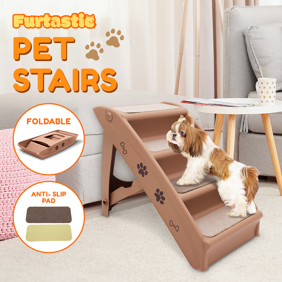 Furtastic 50cm Foldable Step Ladder Pet Stairs - Brown