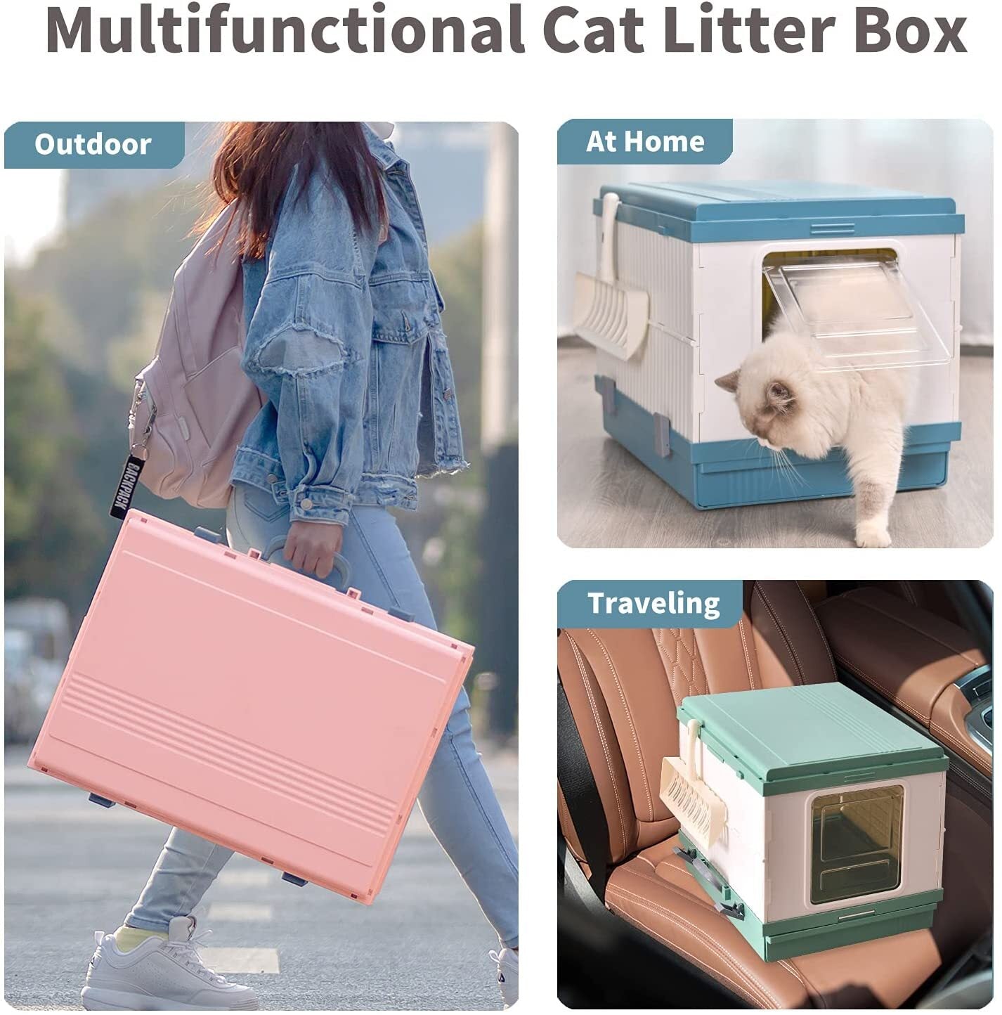 YES4PETS XL Portable Cat Toilet Litter Box Tray Foldable House with Handle and Scoop Green