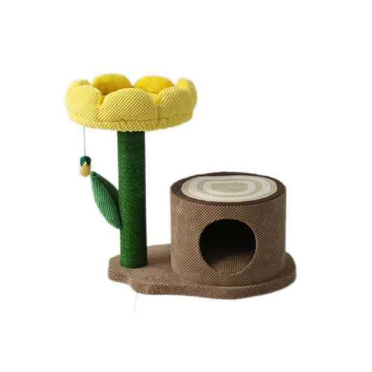 CATIO Log Cat House With Yellow Camelia Cat Scratching Tree Cat bed