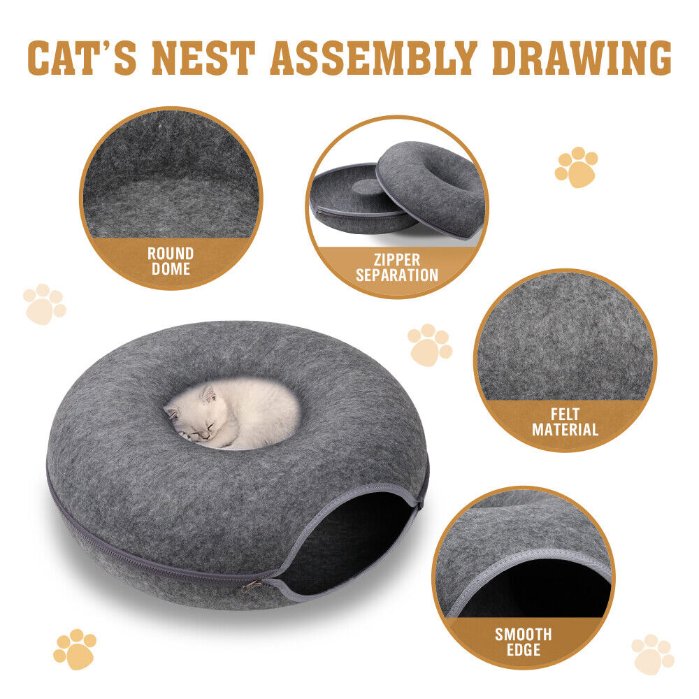 Dark Grey Cat Tunnel Cat Bed Felt Pet Puppy Nest Cave House Toy Washable Detachable