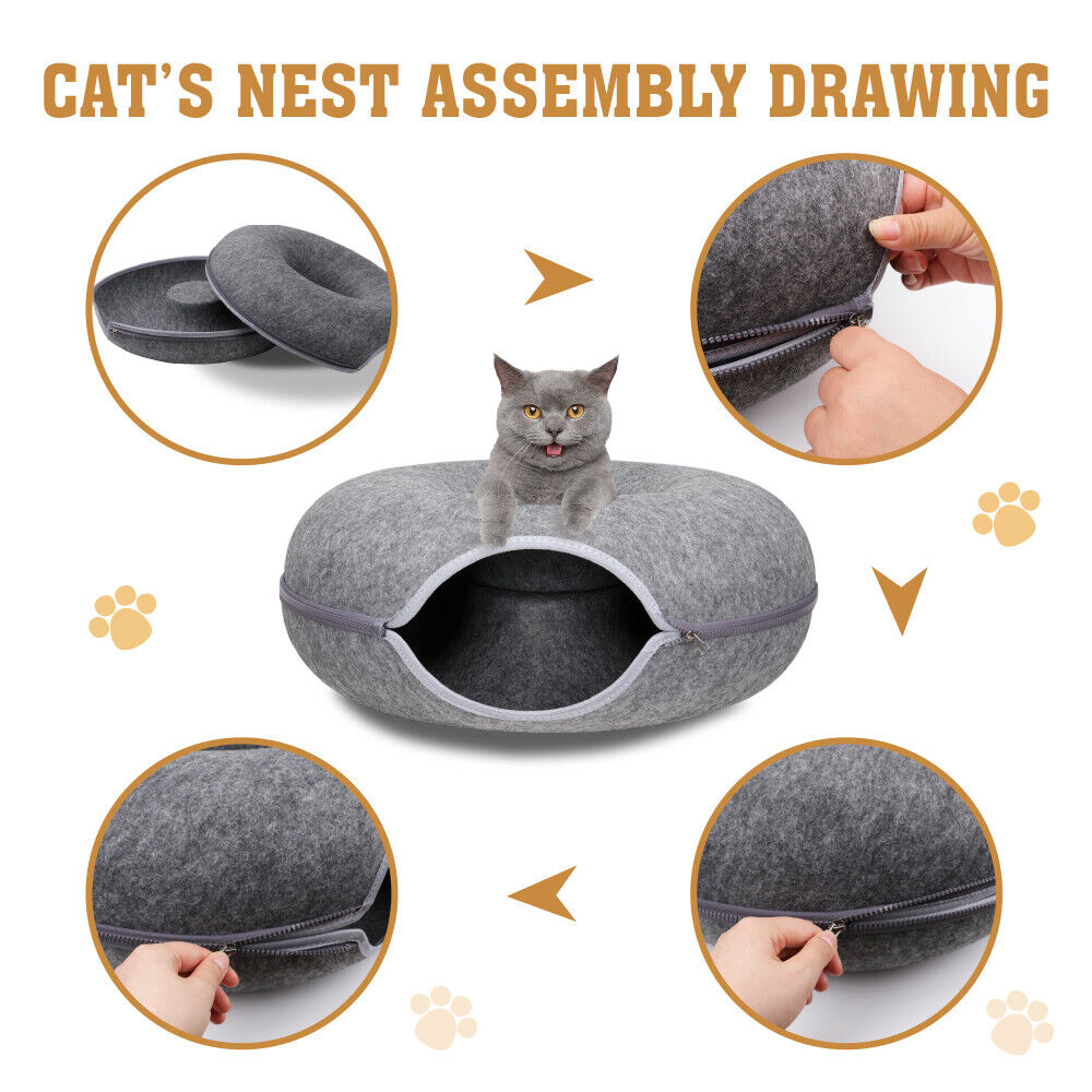 Dark Grey Cat Tunnel Cat Bed Felt Pet Puppy Nest Cave House Toy Washable Detachable