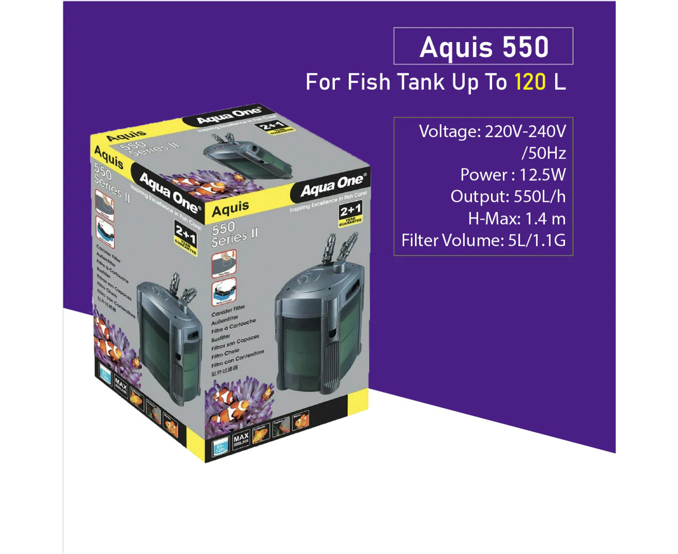 Aquarium Filtration System Aqua One Aquis 550 Series II Canister Filter 550L/H