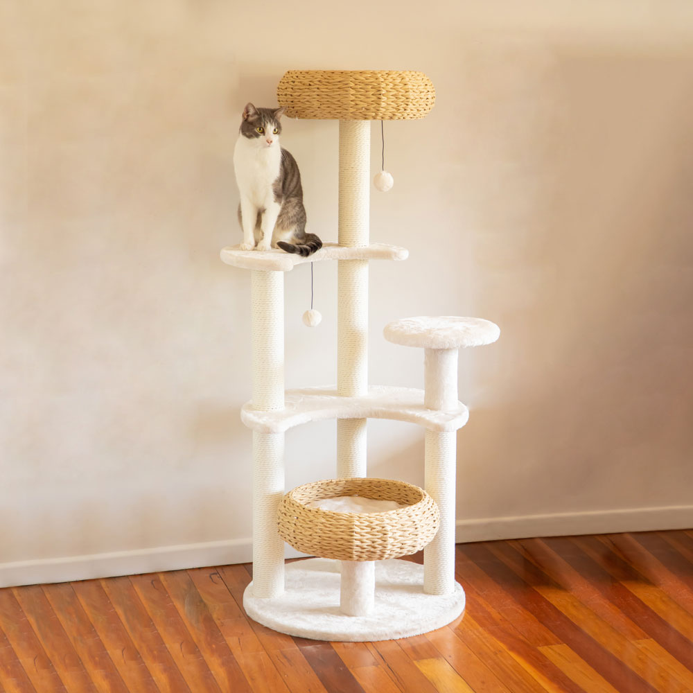 Modern Cat Tree With Wicker Baskets cat bed - 143cm Tall