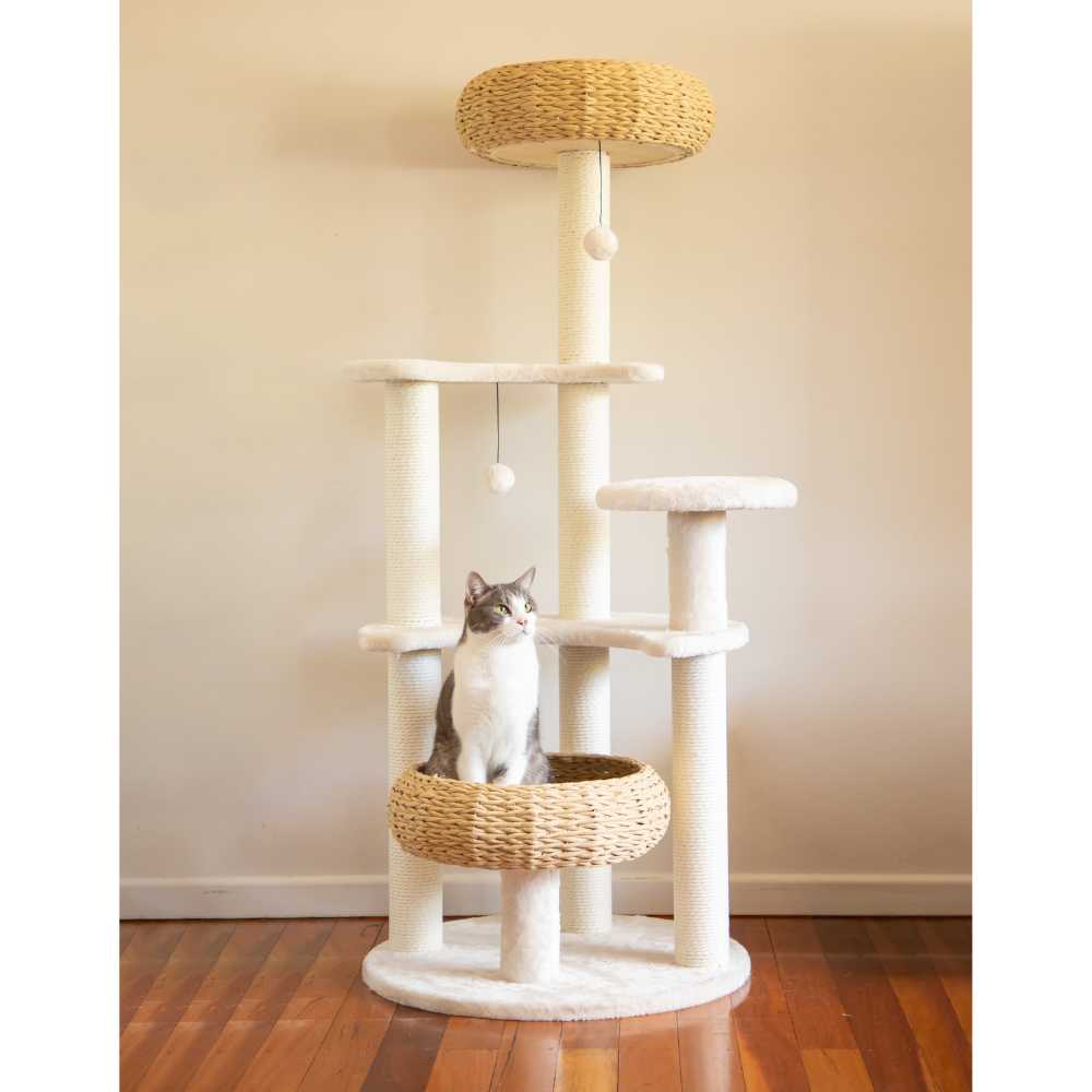 Modern Cat Tree With Wicker Baskets cat bed - 143cm Tall