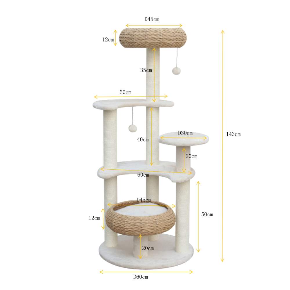 Modern Cat Tree With Wicker Baskets cat bed - 143cm Tall